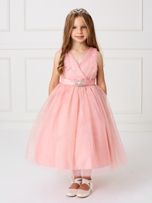 Girls Dress Style 5698 - ROSE GOLD Sparkly Tulle Dress with Matching Rhinestone Sash