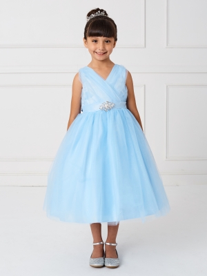 Girls Dress Style 5698 - SKY BLUE Sparkly Tulle Dress with Matching Rhinestone Sash