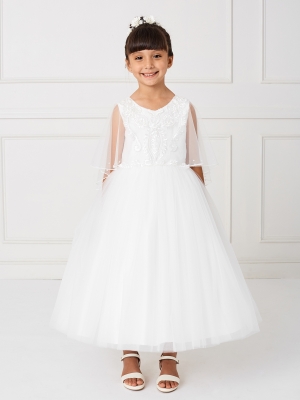 Girls Dress Style 5793 - Gorgeous Dress with Beaded Design on Lace Bodice with attached Cape in Whit