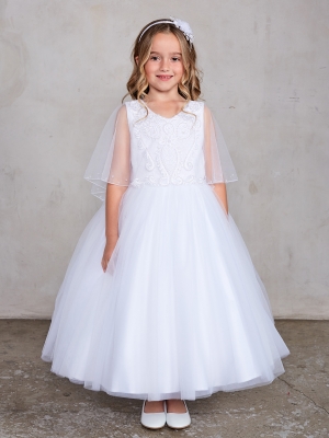 Dress Style 5793 - Gorgeous Dress with Beaded Design on Lace Bodice with attached Cape in White