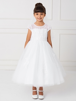Girls Dress Style 5799 - Sleeve Dress with Lace Applique on Skirt in White