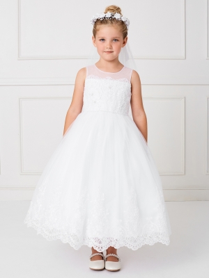 Dress Style 5801 - Illusion Neckline with Scalloped Edging and Lace Hem Dress in White