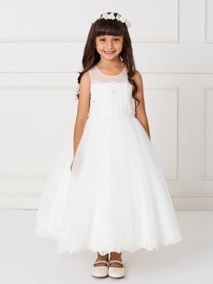 Dress Style 5801 - Illusion Neckline with Scalloped Edging and Lace Hem Dress in Ivory
