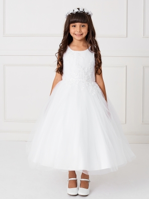 White Dress with Tulle Bodice and Floral Lace Applique