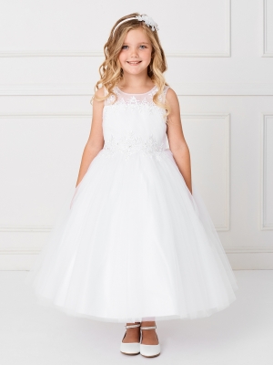 Girls Dress Style 5809 - Beautiful Tulle Pleated Bodice with Floral Applique Dress in White