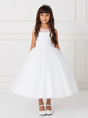 Girls Dress Style 5810 - Illusion Neckline Dress with Lace Bodice and Scattered Pearl Skirt in White