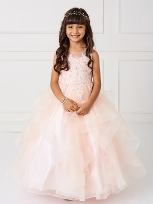 Girls Dress Style 7018 - Blush Illusion Neckline with Layered Mesh Skirt with Horsehair Trim