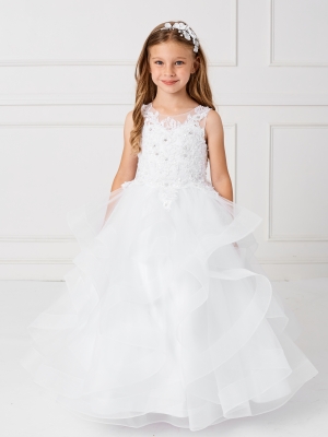 Girls Dress Style 7018 - White Horsehair Trim Dress with Lace Applique Bodice