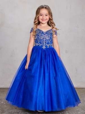 Girls Dress Style 7021 - Elegant Off the Shoulder Spaghetti Strap Pageant Dress in Royal Blue