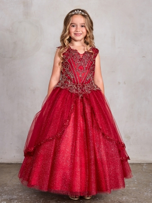 Illusion Neckline Dress with Split Lace Tulle Skirt in Burgundy