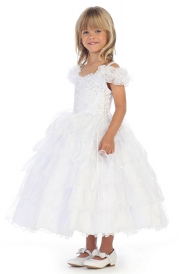Girls Dress Style DR4201 - WHITE Organza Cap Sleeve Layered Dress in Choice of Color