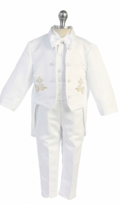 Boys Baptism and Christening Outfit Style TX116- White-Gold 5 Piece Tuxedo Set with Embroidery
