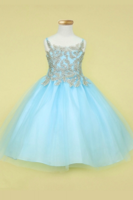 Girls Dress Style D778 - LIGHT BLUE-GOLD - Embroidered Bodice with Tulle Skirt