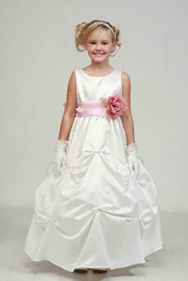 Girls Dress Style 1190- Ivory Dress with Pink Sash and Flower