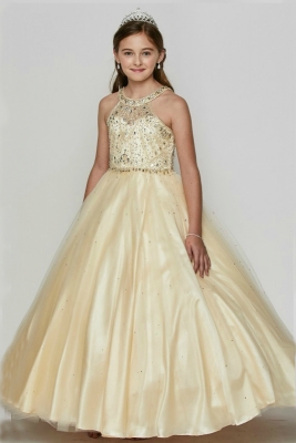 Girls Dress Style 5027 - CHAMPAGNE Beaded Gown with Keyhole Back