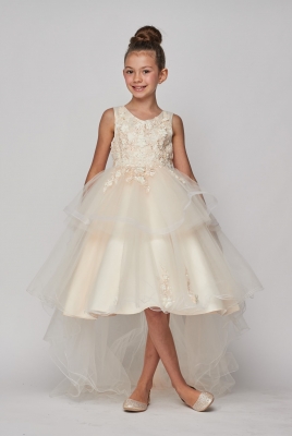 Girls Dress Style 9056 -  High Low Sequin Embroidered Dress in Champagne