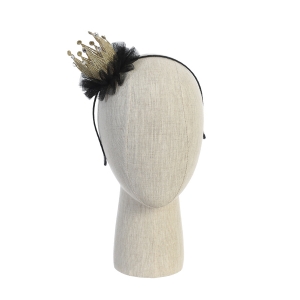 Black and Gold Glittery Lace Crown with Tulle Trim Headband