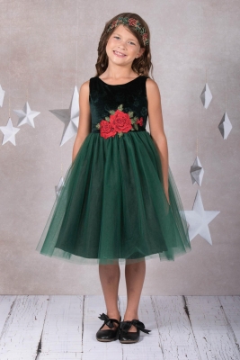 Sleeveless Green Velvet Dress with Rose Decor on Waist