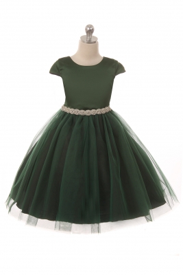 Green Cap Sleeved Satin Dress with Tulle and Embellished Waist