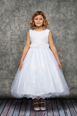 White Lace Glitter Tulle Dress with Floral Trim Waist