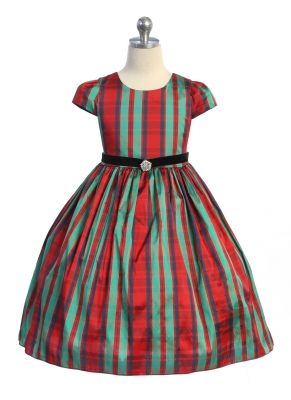 Green and Red Short Sleeve Classic Plaid Dress