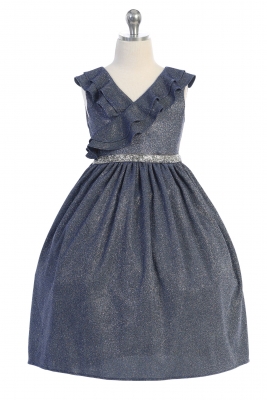 Blue Sparkly Ruffle Dress with Rhinestone Trim Waist