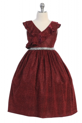 Red Sparkly Ruffle Dress with Rhinestone Trim Waist