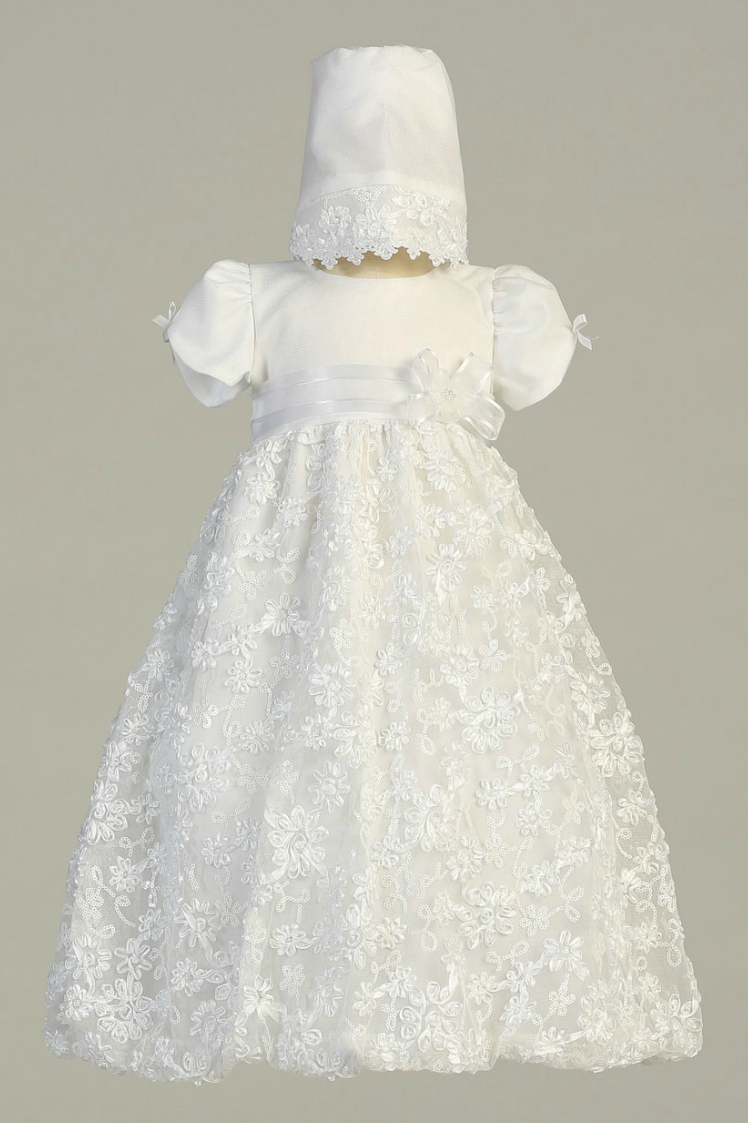 Girls Baptism Christening Gown Style AMBER- WHITE Gown with Matching Bonnet