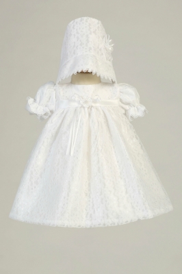 Girls Baptism-Christening Gown Style MELISSA- WHITE Lace Dress with Floral Accent with Bonnet
