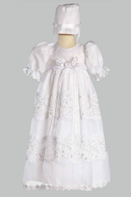 Girls Baptism and Christening Outfit Set Style PAULINE- WHITE Short Sleeve Gown