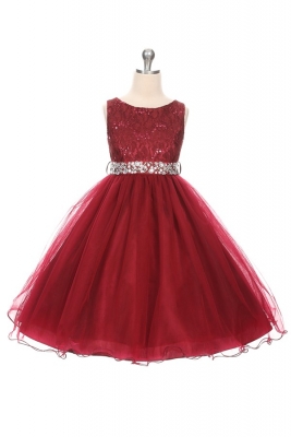 Girls Dress Style 340 - BURGUNDY Sparkly Tulle Dress with Beaded Waist