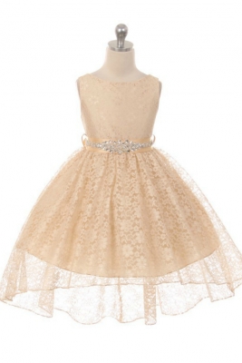 Girls Dress Style 360CB - CHAMPAGNE High-Low Lace Dress with Matching Rhinestone Sash