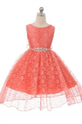 Girls Dress Style 360CB - CORAL High-Low Lace Dress with Matching Rhinestone Sash