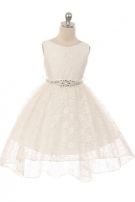 Girls Dress Style 360CB - IVORY High-Low Lace Dress with Matching Rhinestone Sash