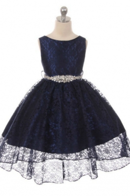 Girls Dress Style 360CB - NAVY High-Low Lace Dress with Matching Rhinestone Sash