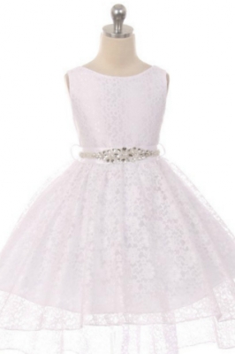 Girls Dress Style 360CB - WHITE High-Low Lace Dress with Matching Rhinestone Sash
