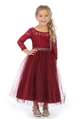Girls Dress Style 372 - BURGUNDY Long Sleeved Lace and Tulle Dress