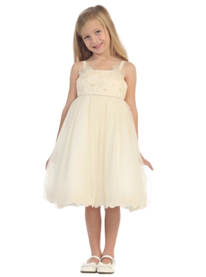 Girls Dress Style 999 - CREAM Embroidered Dress with Scalloped Hemline