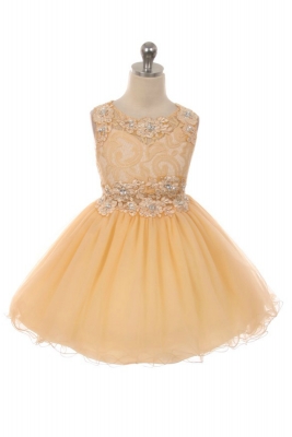 Girls Dress Style JK52 - CHAMPAGNE Floral Lace and Tulle with Sequins Short Dress