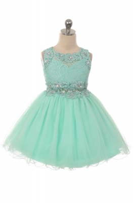 Girls Dress Style JK52 - MINT Floral Lace and Tulle with Sequins Short Dress
