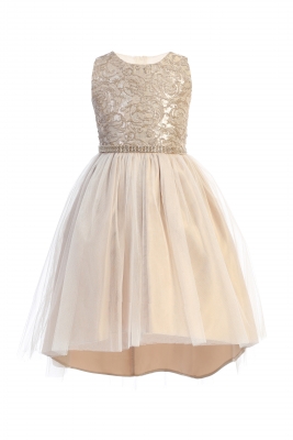 Mocha Luxe Jacquard Hi-Low Dress with Crystal Tulle