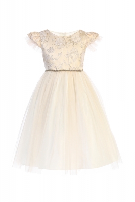 Champagne Floral Jacquard Flutter Sleeve Dress with Crystal Tulle