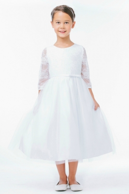 Girls Dress Style 643 - WHITE Three Quarter Length Sleeve Lace Dress