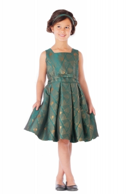 Girls Dress Style 659 - Emerald Green Jacquard Dress with Metallic Geometric Design