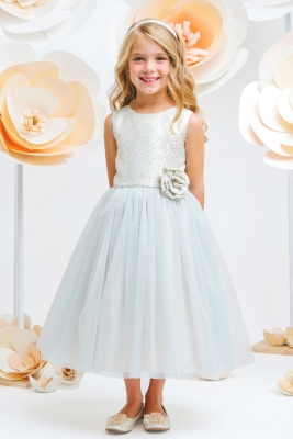 Girls Dress Style 671 - Blue Multitone Jacquard and Tulle Dress