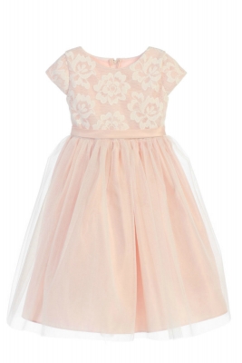 Girls Dress Style 710 - Short Sleeved Floral Mesh and Crystal Tulle Dress in Blush