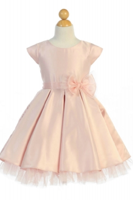 Girls Dress Style 711 - PETAL PINK Cap Sleeved All Satin Dress with Peekaboo Tulle Skirt