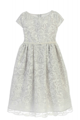 Girls Dress Style 726 - Grey Short Sleeved Luxe Embroidered Dress