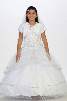 Girls Dress Style 1168 - WHITE Embroidered Satin and Tulle Rhinestone Dress with Bolero