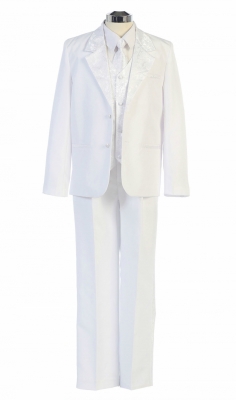Boys Communion Suit Style 4015 - WHITE 5 Piece Mi Primera Communion with Cross or Maria Embroidery